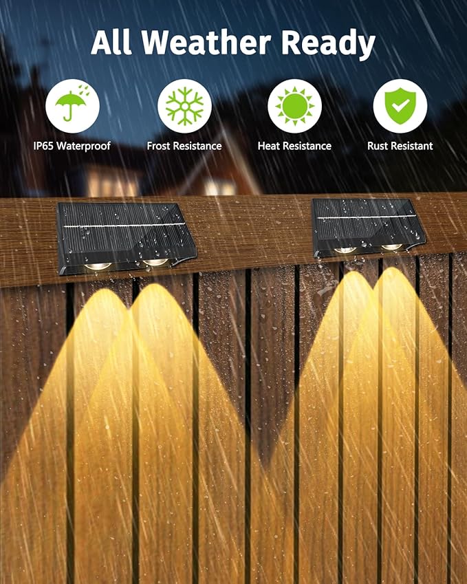 Solar Fence Lights Outdoor with Remote Control RGB Color Changing &amp Warm/Cool White LED Deck Lights High Brightness Dusk to Dawn Spot Lens for Deck and Step Stair Railing Patio Wall IP65 Waterp