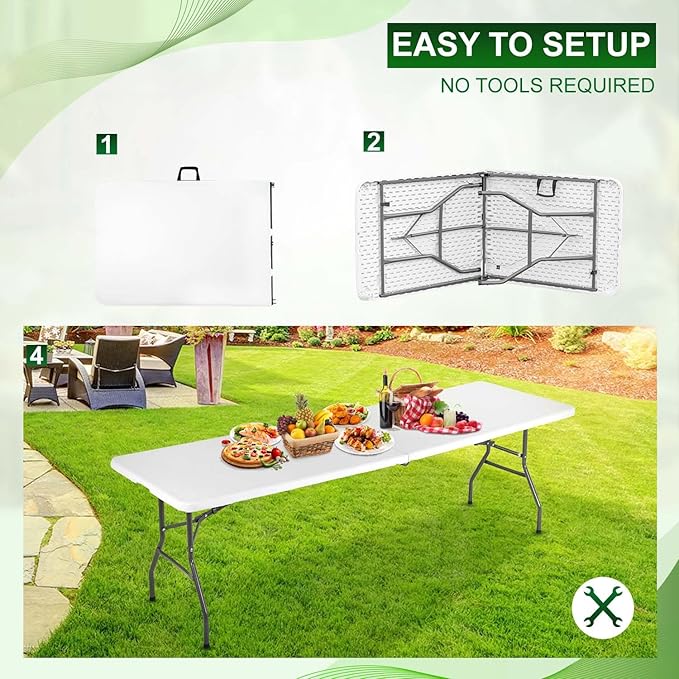 NChanmar 8FT Folding Table Picnic Camping Table Foldable Outdoor Table for Picnic Party Camping(94.5 * 29)-White
