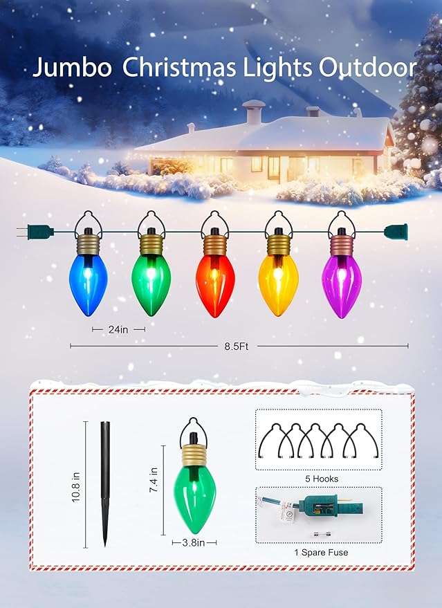 Hanging Christmas Decoration Outdoor - 8.5 FT 5 LED Jumbo Christmas Pathway Lights Multicolor Christma Walkway Lights Waterproof Giant Christmas Light Outdoor Decoration for Holiday Roof Yard Lawn