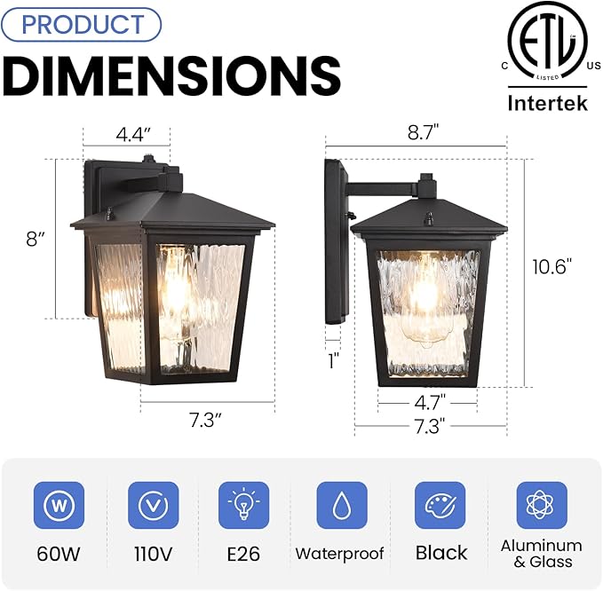 Dusk to Dawn Outdoor Wall Lantern Exterior Wall Sconce Light Fixture with E26 Base Black Waterproof Wall Mount Light Outdoor Lantern for Porch