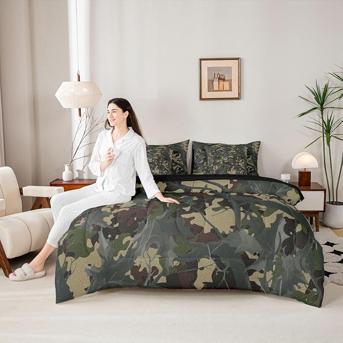 jejeloiu Camouflage Tree Branches 7 Piece Bedding Set for Girls Boys Kids Twin Size Camo Bed in a Bag Room Decor Military Style Comforter Set with SheetsPillowcases &amp Cushion Cover Microfiber