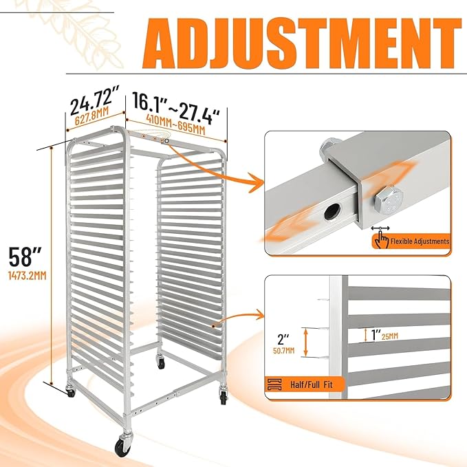 HECASA Adjustable Bun Pan Rack 25 Tier with Brake Wheels Bakery Sheet Rack for Foodservice KitchenRestaurant Pizzeria Hotel Home Aluminum 24.72 L x 20.5 W x 58''H Oxidation