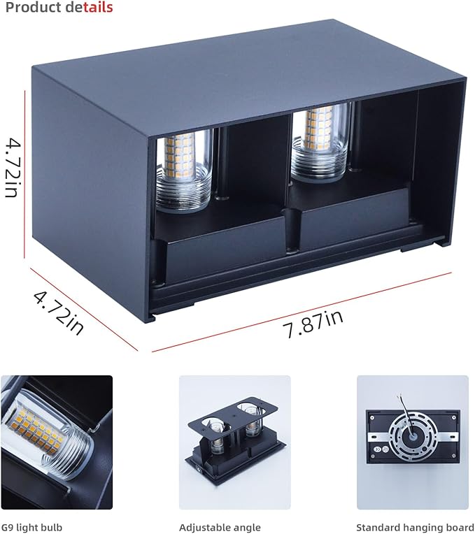 KICAAO 2 Pack Modern Wall Sconce 16W IP65 Waterproof LED Modern Outdoor Wall Light Fixtures Suitable for Indoor and Outdoor Replaceable G9 LED BulbAdjustable Light Angle(Warm Light 3000K)