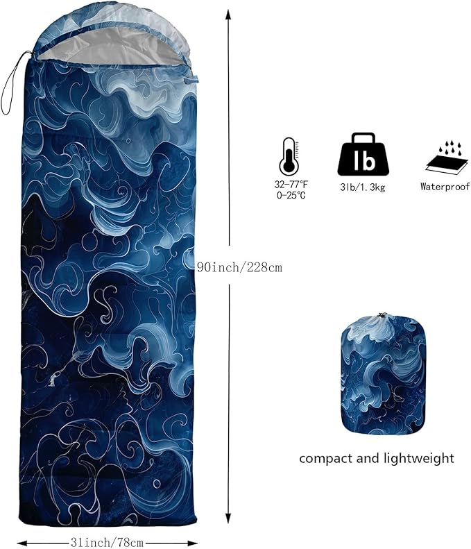 Kids Sleeping Bag for Boys GirlsBlue Ripples Print-Lightweight Warm Portable Outdoor Indoor-Waterproof Cold Weather Resistant Sleeping Bag for Camping Hiking