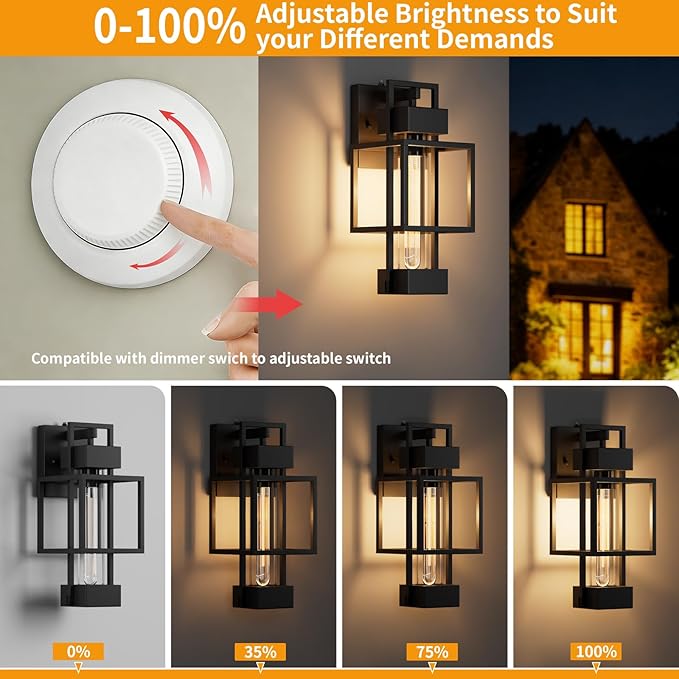 Hotsonic 2 Pack Dusk to Dawn Outdoor Exterior Lighting Fixtures Wall Mount 15'' Dimmable Porch Lights for Outside Waterproof Wall Lantern Lamps Black Sconce Coach Lights for House Garage
