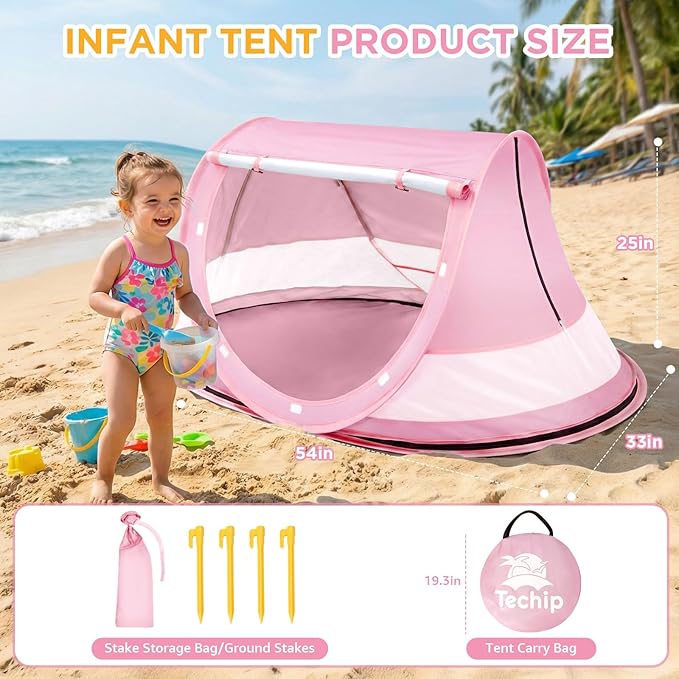 Baby Beach Tent Pop Up Beach Tent Sun Shade for Beach UPF 50+ UV Protection Sun Shelters for Infants with Carry Bag for Outdoor Travel Camping(Pink)