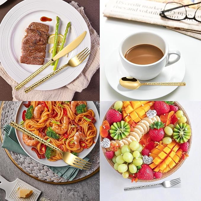 50-Piece Gold Hammered Silverware Flatware Cutlery Set Service for 10304 Thickened Stainless Steel Cutlery KnifeFork and Spoon SetDishwasher SafeGift Package for Wedding Housewarming