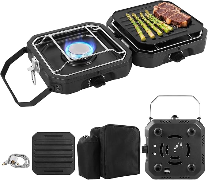 Adjustable 2 Burner Portable Camping Stove Propane (16000 BTU) with Camping Grill and Carrying Bag Folding Propane StoveGas Camping Stove with Piezo Ignition for Camping Backyard BBQ Black
