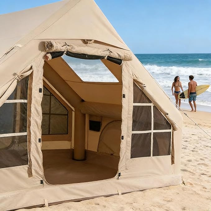 Large Inflatable Glamping Tent 4-6 Person Waterproof Camping Tent with Mesh Windows Easy Setup Air Tent for Family Outdoor Camping Hiking and Backyard (with Manual Air Pump)