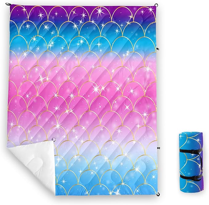 Axolotl Mermaid Scales Outdoor Puffy Camping BlanketRainbow Portable Outdoor BlanketGlitter Starry Lightweight Camping BlanketSparkly Waterproof Backpacking for Traveling PicnicBluePink