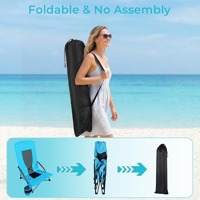 TLSUNNY 28.5″ High Back Folding Beach Chair for Adults W/Carry Bag Portable Low Beach Chair W/Mesh Back &amp Padded Armrest Cup Holder for Camping Outdoor Travel 2pack 350LBS (Blue)