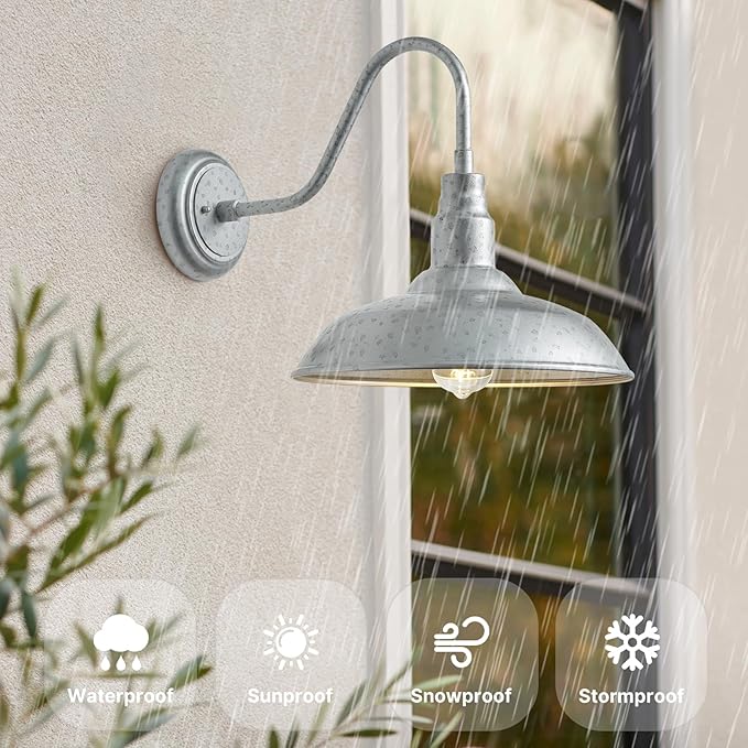 14 Inch Barn Farmhouse Outdoor Light Fixture 2 Pack Exterior Gooseneck Lights with Galvanized Steel Finish Outside Wall Sconce with Wall Mount for House Porch Patio
