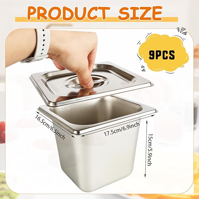 9 Pcs 1/6 Size 6 Inch Deep Restaurant Hotel Pan with Lids Stainless Steel Steam Table Pan Commercial Catering Metal Food Trays Warming Pans for Food Hotel Buffet