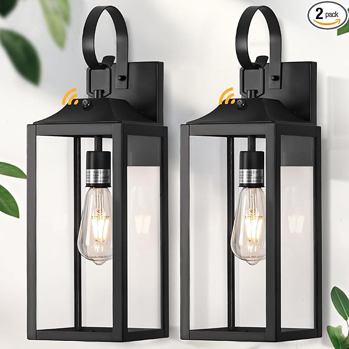 19 Large Dusk to Dawn Outdoor Lighting 2 Pack Black Sensor Porch Lights Exterior Lighting Fixtures Modern Wall Lantern Outdoor Wall Lights Waterproof Wall Sconce Lamp for House Doorway Garage