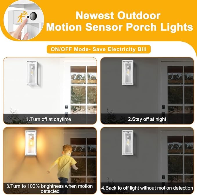 15 Motion Sensor Outdoor Lights 2 Pack Large White Outdoor Light Fixture 3 Lighting Modes Waterproof Anti-Rust Wall Sconces Exterior Lighting Fixtures for Front Door Porch Garage