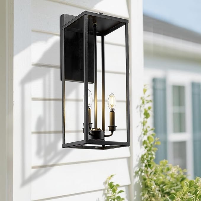 Bestshared Large Outdoor Wall Sconce 24'' Modern Black Outdoor Wall Lantern 3-Light Clear Glass Porch Light Weather Resistant Outside Light for House Entryway Garage Patio E12 Base(2Pack)