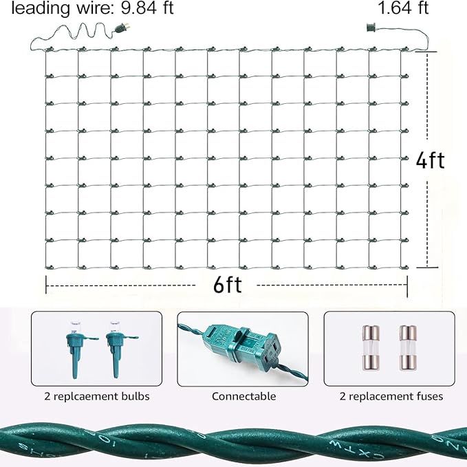 6Ftx4Ft LED Christmas Net Lights Green WireConnectable UL Certified Waterptoof Net Lights for Bushes Trees Shurb Garden Outdoor Christmas Decorations (White)