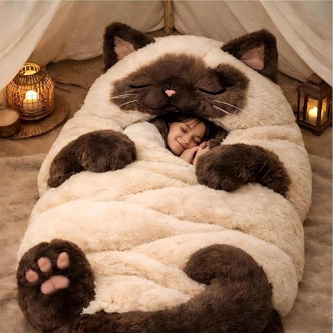 Cat Sleeping Bag for Human | Fluff-y Cat Sleeping Bag for Adults | Adorable Cats Envelope SleepingBags | Washable Warm Blanket for Camping Travel Sleepovers Home Lounging