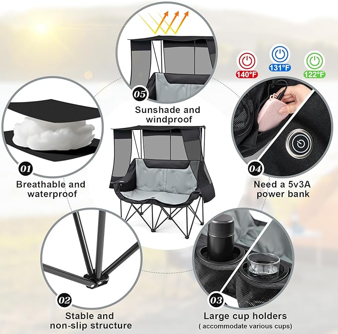 Double Camping Chair with Canopy 660lbs Folding Beach Camping Loveseat with Padded Seat and Cup Holders 4-Zone Heated Outdoor Chair for Lawn Beach Camp Use 5v/3a Power Bank