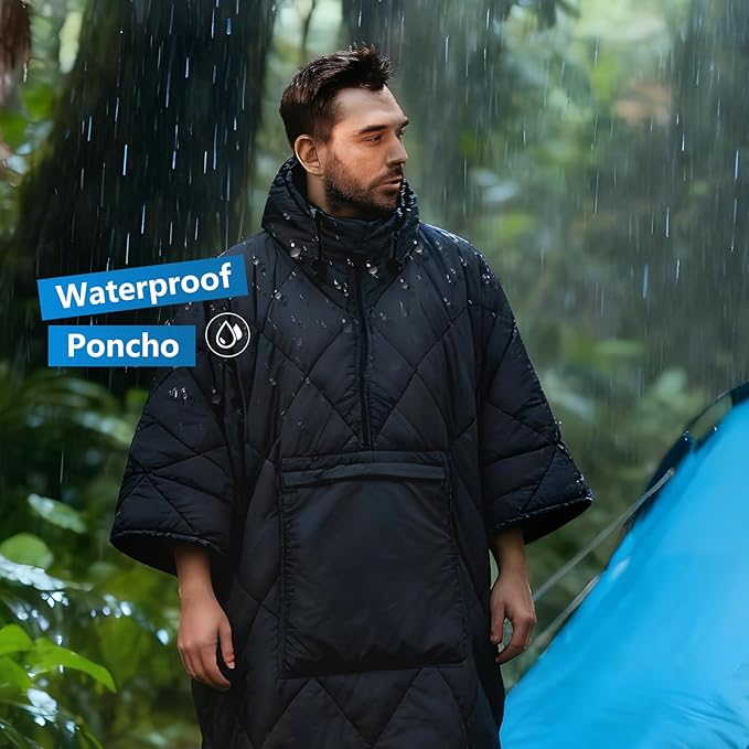 Camping Outdoor Blanket Ultralight Down Alternative Printed Travel Camp Blankets for Sleeping Packable Waterproof Puffy Quilt for Hammock Picnic Stadium Beach Cold Weather (Black Blanket Poncho)
