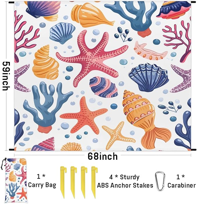 Waterproof Sandproof Beach Blanket 59''×68'' Ocean Shell Polyester Outdoor Picnic Blanket with 4 Stakes &amp Storage Bag for BeachCampingVacation Coral Reef