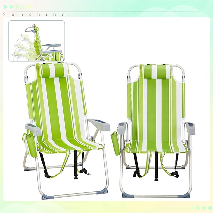 Folding Backpack Beach Chairs Portable 5-Position Aluminum High Beach Chairs for Adults with Storage Pouch Towel Bar (Green Stripes)