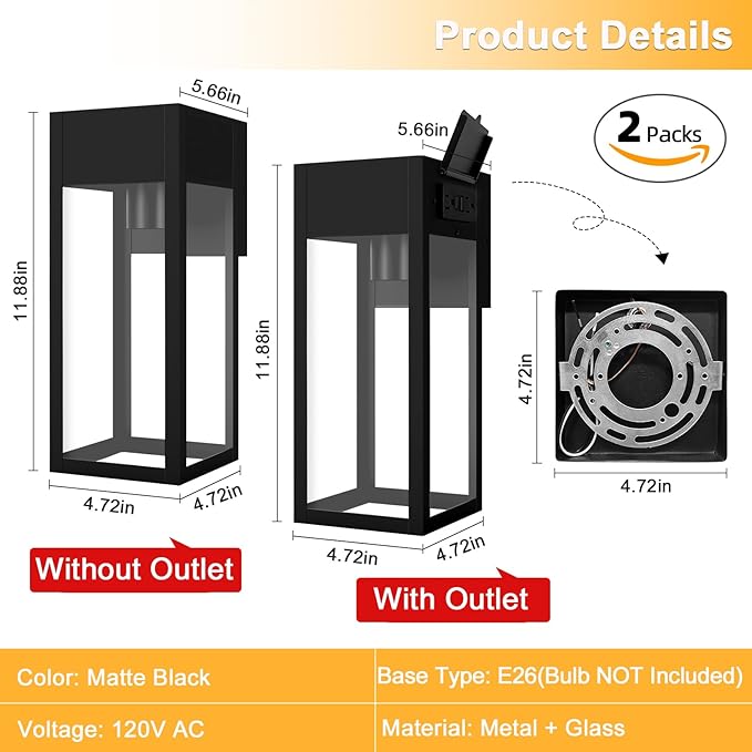 2 Pack Porch Lights Outdoor Wall Sconce Outdoor Light with GFCI Outlet Waterproof Exterior Wall Lantern Light Fixtures Anti-Rust Wall Lamp with Clear Glass for Patio Doorway Garage- Black