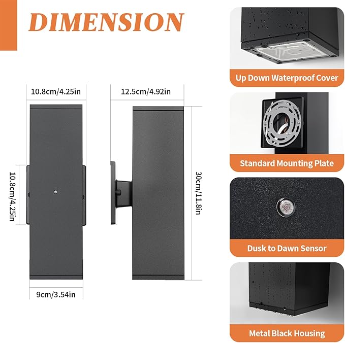 Dusk to Dawn Outdoor Lighting LED Square Up and Down Outdoor Sconce Lights Matte Black Exterior Lighting Fixtures with 7W LED Bulbs Front Porch Lights for house Garage Patio Doorway 4 Pack