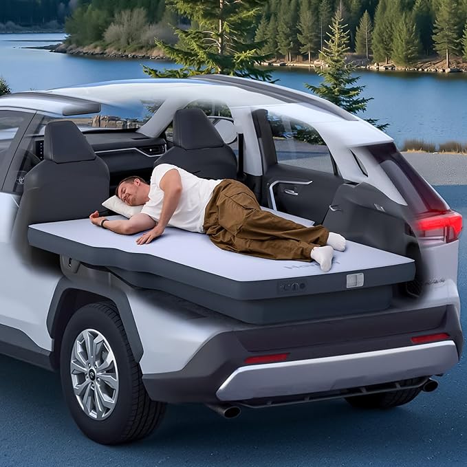 AutoLevel TPU Backseat Foam Mattress for Toyota RAV4 4-inch Foam Camping Mattress &amp Slope-Cancel Layer Inflatable SUV Car Bed with Portable Built-in Rechargeable Pump for Road Trip Sleeping