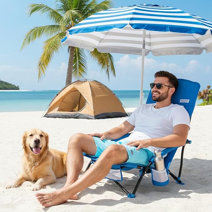 SUNNYFEEL Folding Beach Chair High Back Beach Chairs for Adults Lightweight Portable Camp Chair 300lbs Heavy Duty with Carry Bag Mesh Back Cup Holder for Outdoor Travel Picnic Concert Blue