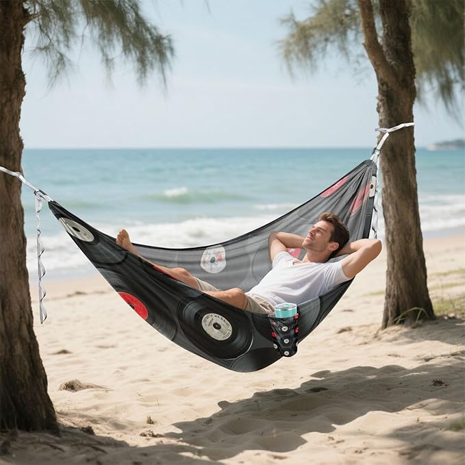 OTVEE Camping Hammock Retro Vinyl Whimsy Portable Hammocks 500lb Upgraded Thickened Durable Single Hammocks with Tree Straps &amp Travel Bag for Camping Outdoor Indoor Patio Backyard