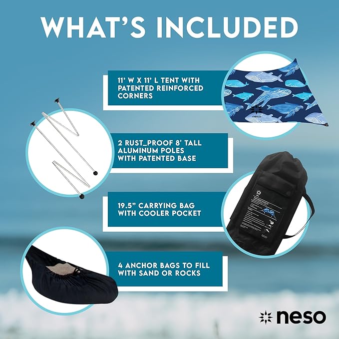 Neso Gigante Portable Beach Tent Sun Shelter - Lightweight Beach Shade Canopy - Easy Setup for Family Outings - Patented Reinforced Corners - UPF 50+ - 8ft Tall 11 x 11ft - Save The Whales