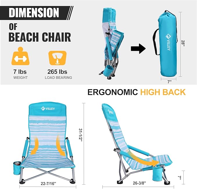 VILLEY Low Beach Chair High Back Folding Chair for Adults Lightweight and Portable for Outdoor Camping Lawn Music Festival with Cup Holder and Carry Bag - Blue Stripes