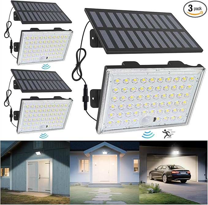 LumiZen Solar Outdoor Lights 3800LM LED Flood Lights with 16.4 Ft Cable Remote Control Solar Motion Sensor Lights with 3 Modes Solar Powered Security Lights for Outside Patio Yard Garage 3 Pack