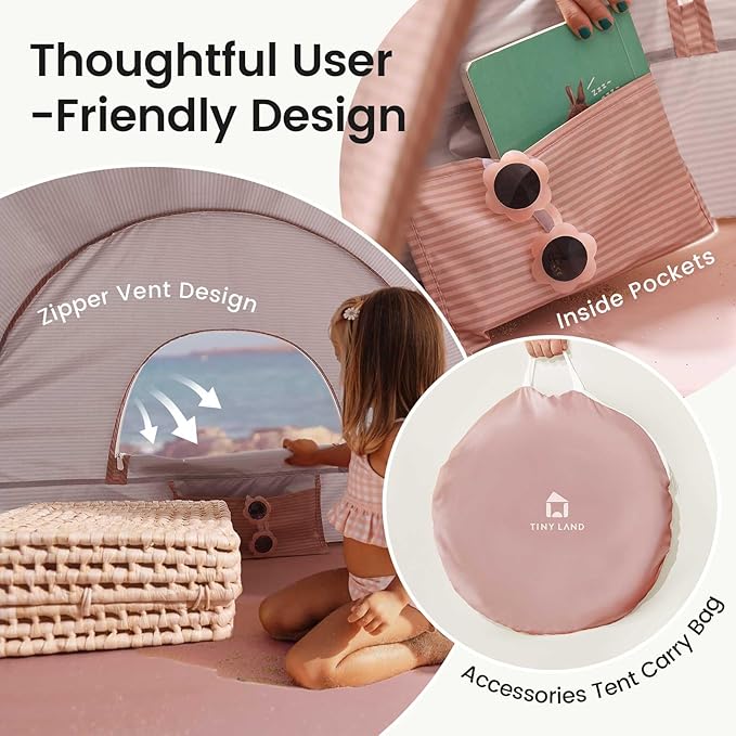 Tiny Land Baby Beach Tent – Pop Up Baby Tent with UV Protection Portable Baby Beach Essentials 35x28x32 Sun Shelter for Infants Baby Outdoor Use (Pink)