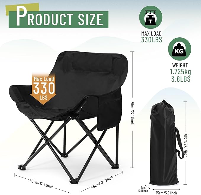2 Pack Compact Camping Chairs Portable Folding for Outside with Carry Bag Lightweight Moon Chairs for Travel Picnic Hiking Beach Fishing 600D Oxford Supports 330lbs(Black)