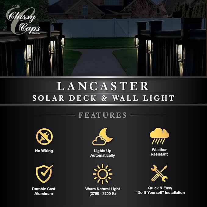 Classy Caps SWL888 - Black Aluminum Lancaster Deck &amp Wall Light (2 Pack) – Outdoor Solar LED Lighting Durable Black Aluminum Real Glass Construction Perfect for Outdoor Decks Patios and Walls