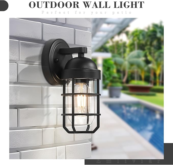 Emliviar Modern Outdoor Wall Light for House Porches Solid Classic Metal Cage Retro Charm Exterior Wall Light Clear Tempered Glass Black Finish GE255B BK