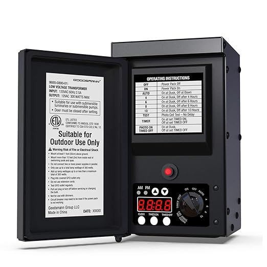 GOODSMANN Low Voltage Transformer 300 Watt with Timer Photo Eye Sensor and Weather Shield for Outdoor Lighting Metal Transformer 120V AC to 12V AC 9920-0300-01