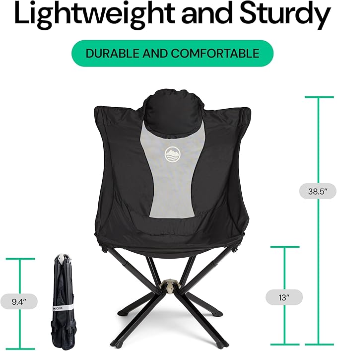 CLIQ EpiQ 1.0 Outdoor Lounge Chair - Folding Camping Chairs Set Up in Seconds - Lightweight Recliner Chair - Military Grade Frame Supports 400 Lbs Outdoor Adventures Black