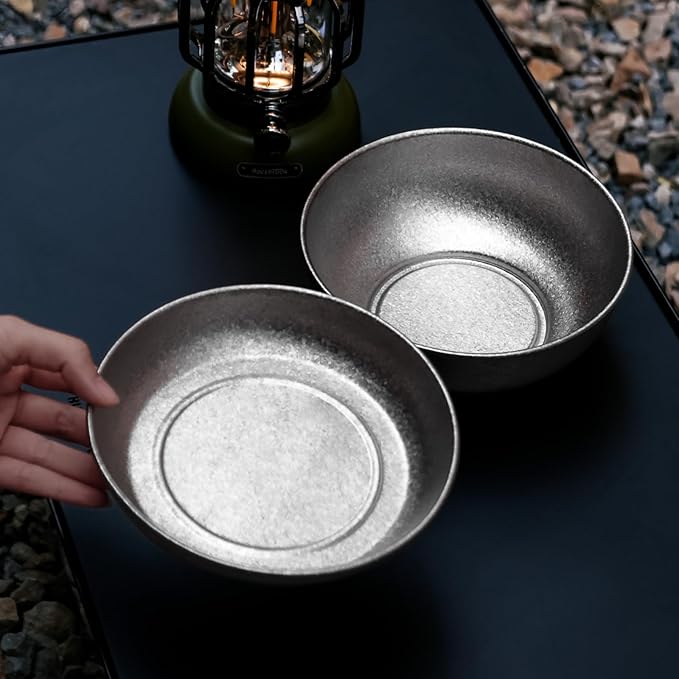 SILVERANT Titanium Camping Bowls Titanium Plate Ultra Thick &amp Durable Tableware Single Wall Cookware Mess Kit with Carry Mesh Bag for Outdoor Backpacking Hiking - Crystallized