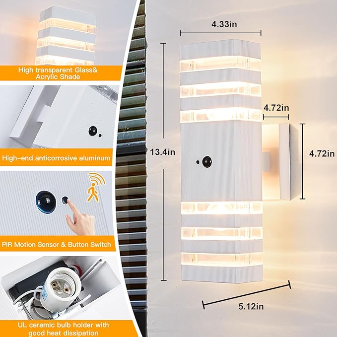 2 Pack Motion Sensor Outdoor Wall Lights with 4 Dimmable Bulbs Modern White Dusk to Dawn Porch Sconces Waterproof Up Down Exterior Lighting Fixtures Outside Coach Lamp for House Garage Front Door