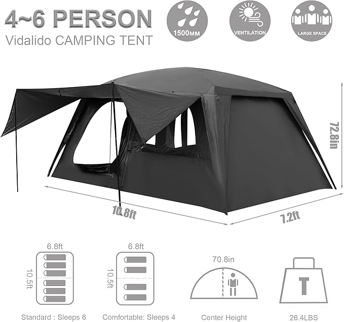 Vidalido 4-6 Person Camping Tent with 3 Door 2 Room Large Family Cabin Tents Double Layer Waterproof Portable Glamping Tent Big Tents for Outdoor Camping Hiking and Backpacking