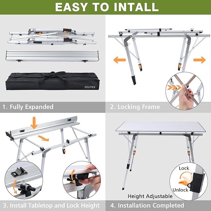 Folding Outdoor Camping Table with Adjustable Legs Lightweight Aluminum Roll Up Camp Table with Carrying Bag Mesh Storage Organizer for Cooking Picnic Beach Backyards BBQ Party
