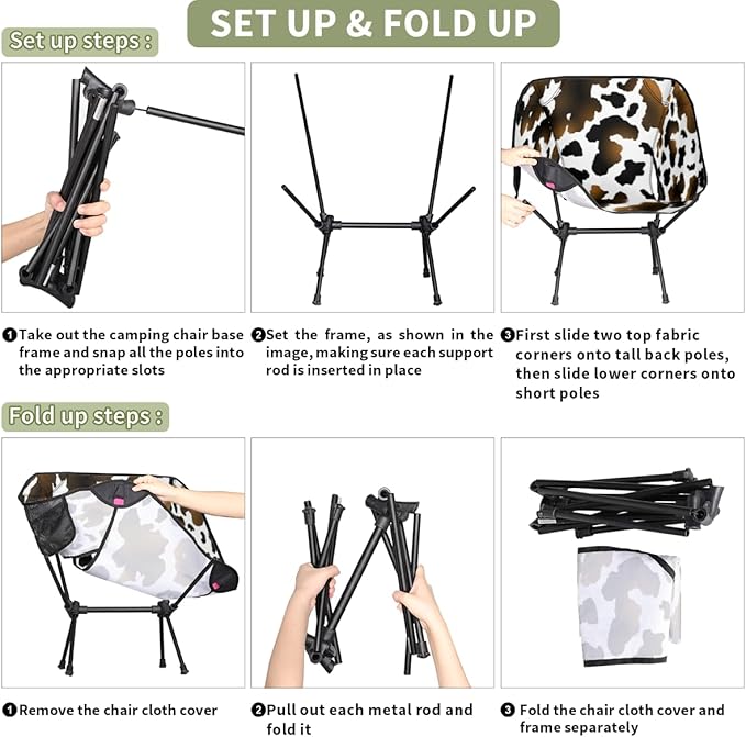 Animal Cow Pattern Print Black Camping Chair Lightweight Portable Chairs for Adults Easy Installation Outdoor Foldable Camping Chair for Camping Fishing Hiking Picnic Beach