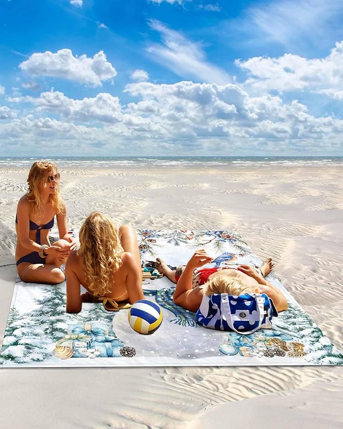 Beach Blanket Waterproof Sandproof Oversized Watercolor Winter Snowman Squirrel Beach Mat with Corner Stakes Sand Pockets Christmas Bird Outdoor Picnic Mat for Travel Camping Hiking 83x79In