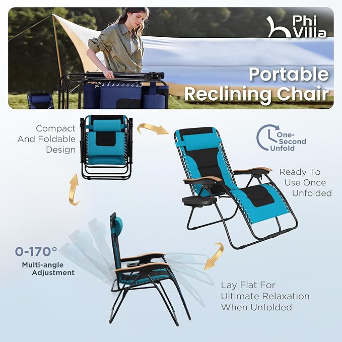 PHI VILLA XXL Oversized Padded Zero Gravity Chair Foldable Patio Recliner 30 Wide Seat Anti Gravity Lounger with Cup Holder Support 400 LBS (Aqua)