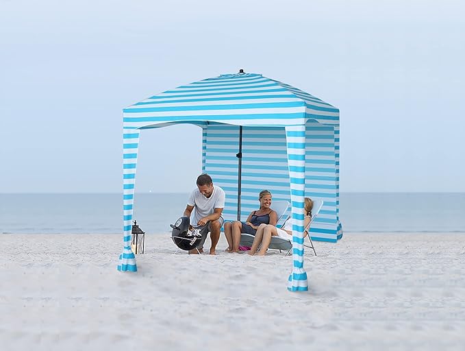 Nice C Beach Cabana Tent - Portable 6'x 6' with Detachable Wall UPF 50+ UV Protection Ultimate Sun Umbrella Sun Shelter (Blue Stripe)