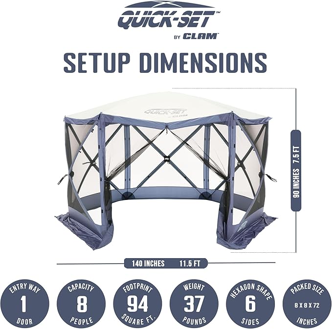 CLAM Escape 11.5' Pop-Up Screen Tent – Blue Outdoor Camping Gazebo Canopy with No-See-Um Mesh Carry Bag &amp Stakes – 6-Sided Portable Shelter for Camping Picnics &amp Events – Fast 45-Second Set