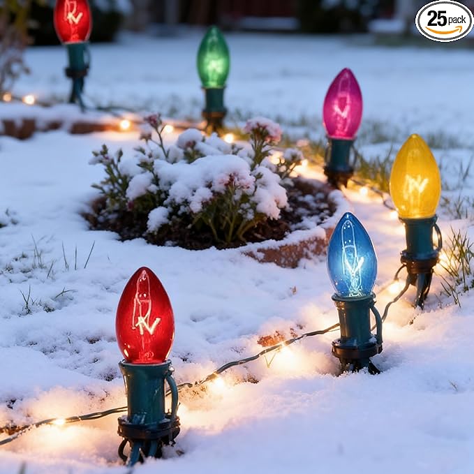C9 Christmas Pathway Lights Outdoor 38Ft Vintage Christmas Decorations String Lights with 27 C9 Multicolor Bulbs and 25 Stakes Outside Walkway Lights for Driveway Sidewalk Yard Path Xmas Decor
